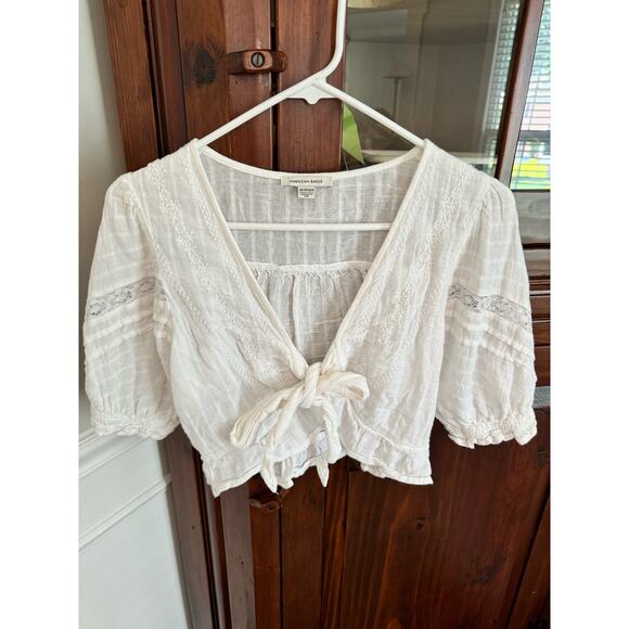American Eagle AE Puff-Sleeve Tie-Front Blouse white XS - Picture 2 of 7